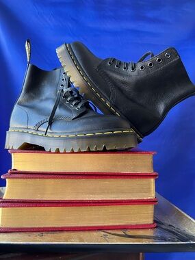 Dr. Martens Black Leather Lug Sole Boots with Yellow Stitching